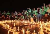 Ribuan pengemudi ojol menyalakan 1.000 lilin di Polda Jatim sebagai simbol solidaritas untuk Affan Kurniawan. (Dok-Polri)