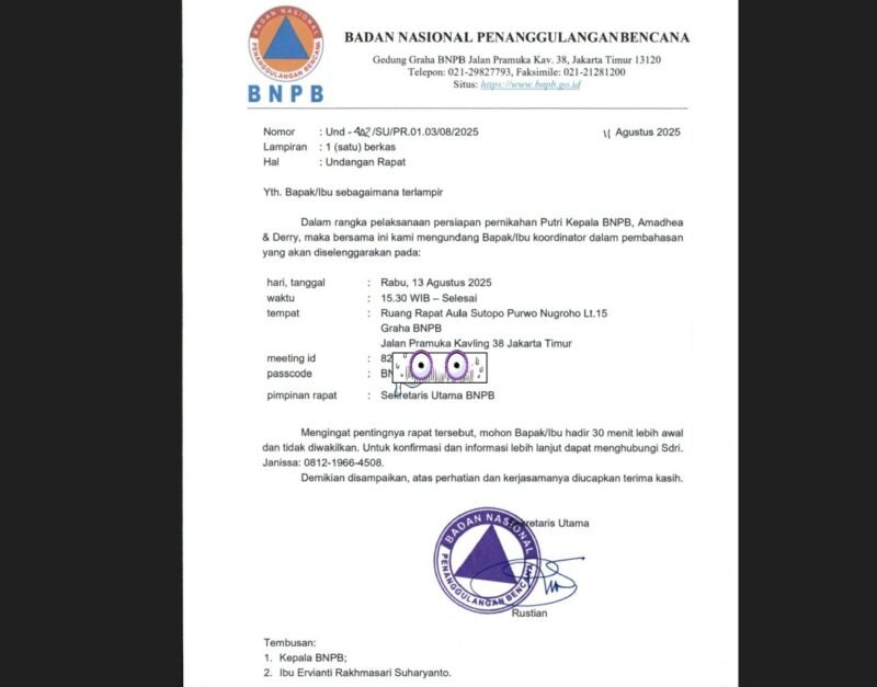 Sekretaris Utama BNPB Rustian memberikan klarifikasi terkait surat undangan berkop BNPB untuk rapat persiapan pernikahan putri Kepala BNPB Letjen TNI Suharyanto. (Dok-Istimewa)