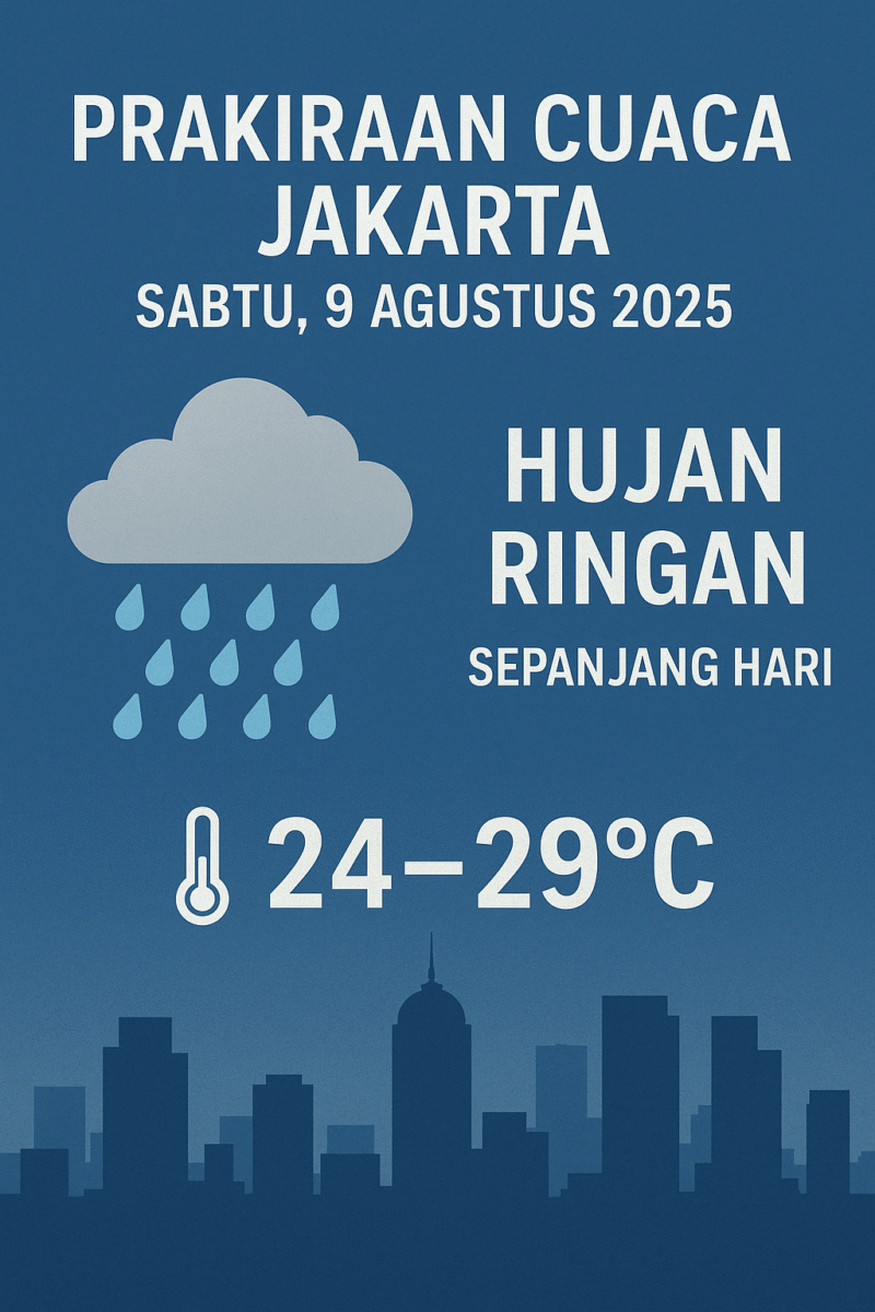 Ilustrasi hujan ringan di Jakarta sesuai prakiraan BMKG untuk Sabtu, 9 Agustus 2025.