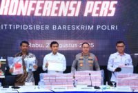 Direktorat Tindak Pidana Siber Bareskrim Polri memaparkan pengungkapan jaringan judi online nasional dan internasional di Gedung Awaloedin Djamin, Jakarta, Rabu (27/8/2025). (Dok-Polri)