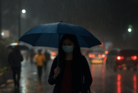 Warga berteduh di bawah payung saat hujan ringan mengguyur Jakarta malam hari. (Foto: Ilustrasi/Onlinews)