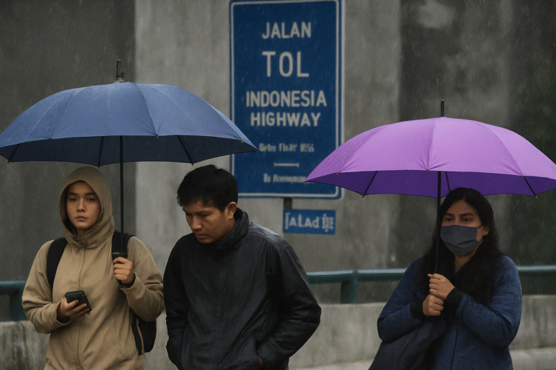 Warga berteduh saat hujan turun di kawasan Jakarta Selatan, Kamis (7/8/2025). (Foto/onlinews)